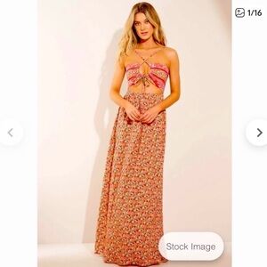 NWT MAAJI cherry blossom Floral Maxi Dress Red/ Orange Accents reversible sz M